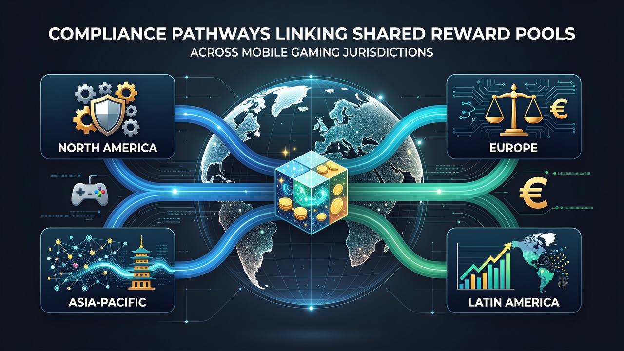 Map highlighting regulatory pathways and shared reward pool connections between North American, European, and Asian mobile gaming markets