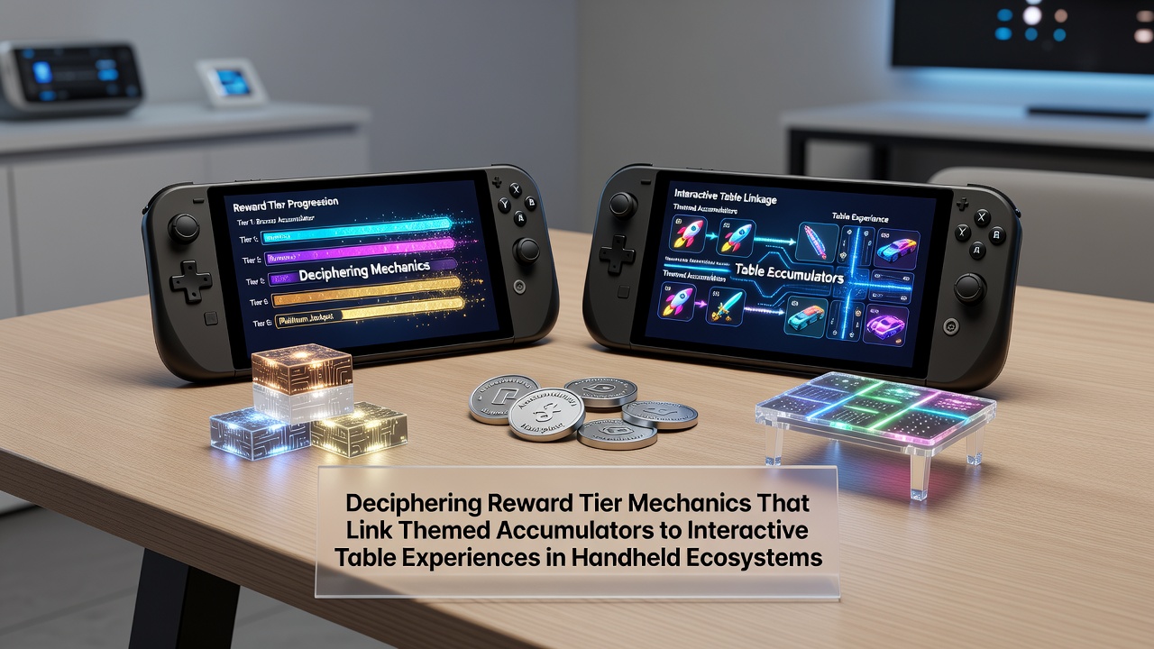 Mobile device displaying integrated reward tiers connecting themed accumulators with table game interfaces