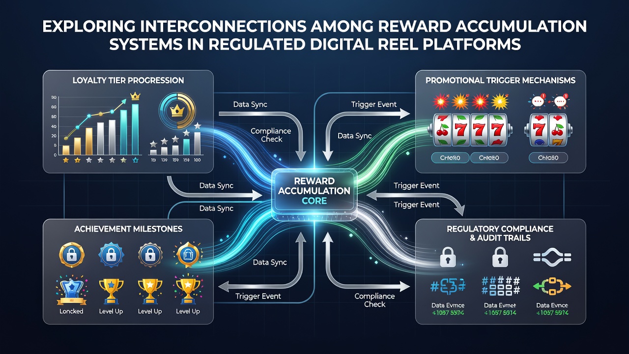 Network diagram illustrating reward points flowing into progressive jackpot pools on mobile reel platforms