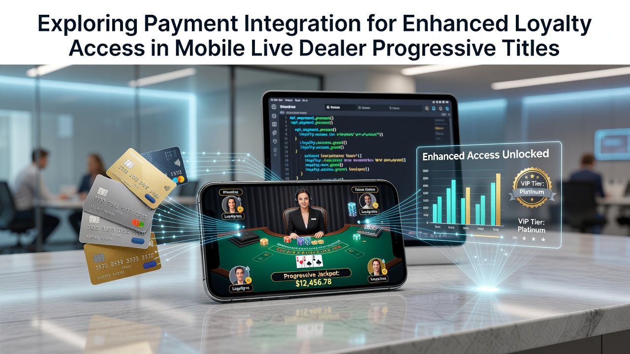 Mobile device displaying live dealer progressive game interface with payment and loyalty integration icons