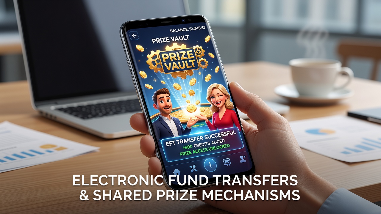 Mobile casino app interface showing electronic fund transfer options connected to a shared progressive jackpot pool with live host interaction